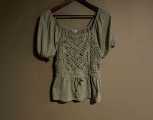 Thread & Cloth Sage Green Lace Front Balloon Sleeve Peplum Blouse